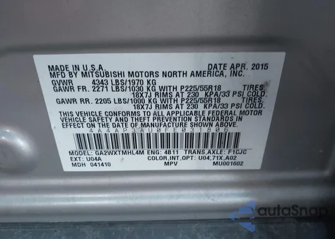 2015 Mitsubishi Outlander Sport Es из США, поврежденный, VIN 4A4AP3AU0FE031806